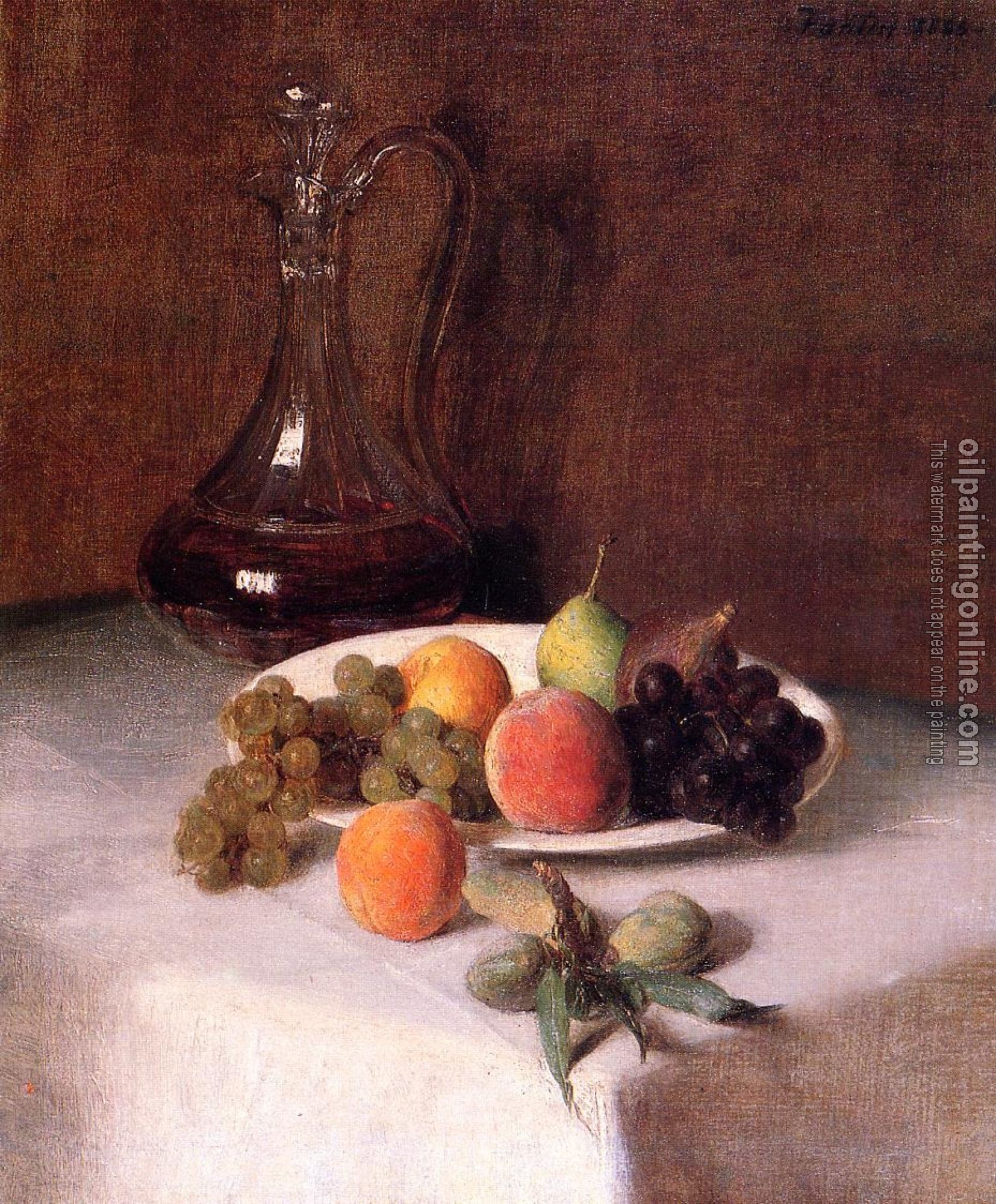 Fantin-Latour, Henri - A Carafe of Wine and Plate of Fruit on a White Tablecloth